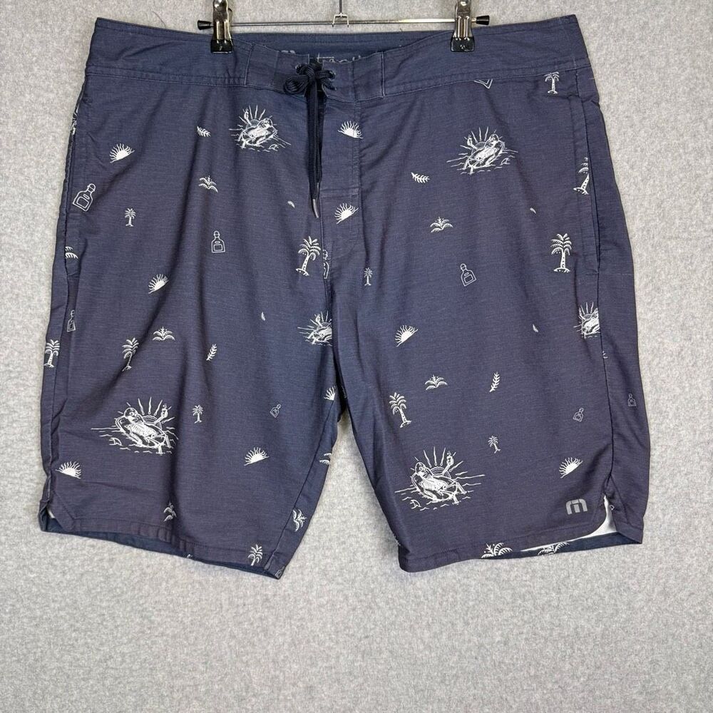 Travis Mathew Board Shorts Mens 40x9 Navy Blue Escondido Print Hybrid Beach Surf